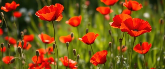 Obraz premium Vibrant red poppies blooming in a sun-drenched summer meadow, landscape, natural, outdoors