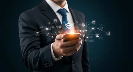 Young Professional with Smartphone Showcasing Digital Networking and Mobile Connectivity