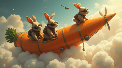 Three adventurous rabbits wearing goggles ride a flying carrot airship through fluffy clouds. A whimsical fantasy scene with cute animals, steampunk details, and a playful, imaginative atmosphere.