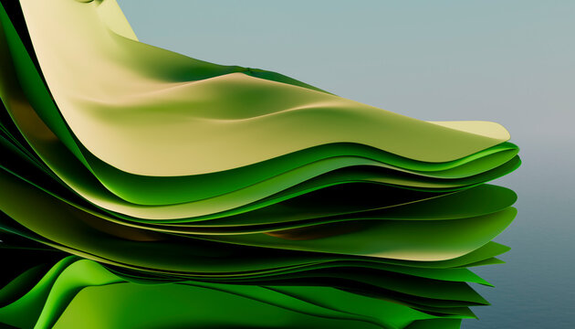 Abstract 3D render with green layered waves and smooth textures