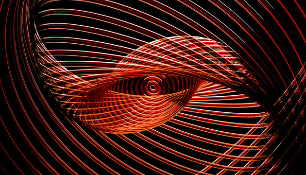 Abstract 3D render with red loops and circles on a dark background