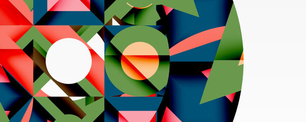 Abstract geometric composition with interlocking circular and angular shapes, featuring smooth gradients and sharp contrasts on a white background