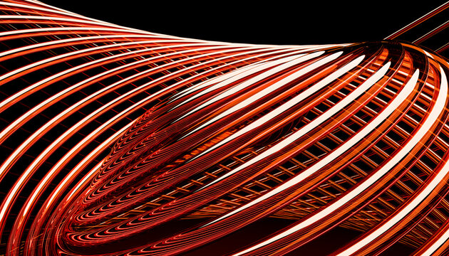 Abstract 3D render of red geometric loops and rings on a dark background