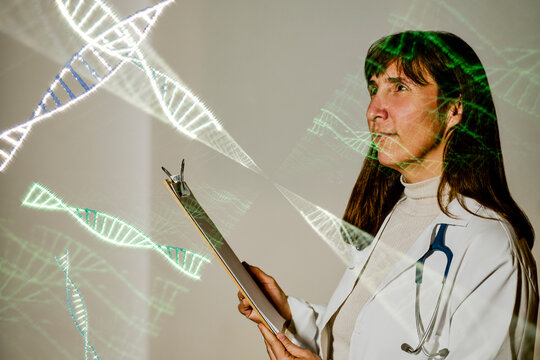 Doctor analyzing DNA visualization with clipboard and stethoscope