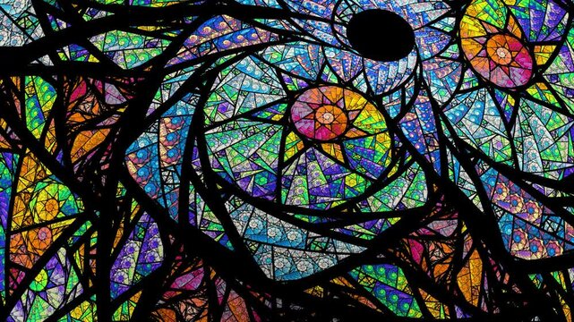 Abstract looping spiral fractal art background, like stained glass.