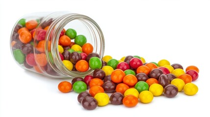 High-Resolution Image of Skittles Spilling from Glass Jar: White Background, Colorful Candy