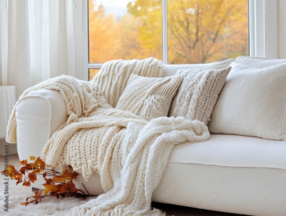 Aufkleber cozy autumn day scene featuring a white sofa adorned with knitted blankets and pillows near a window