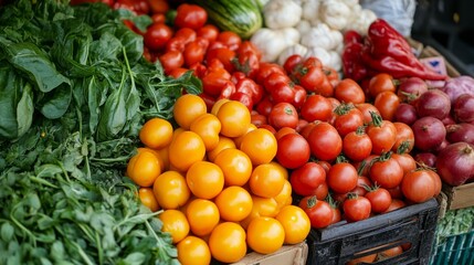 Fresh vegetables at a vibrant market display showcasing colorful produce and seasonal offerings