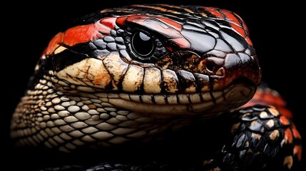 Fototapeta premium Close-up of a red and black snake's head against a black background.