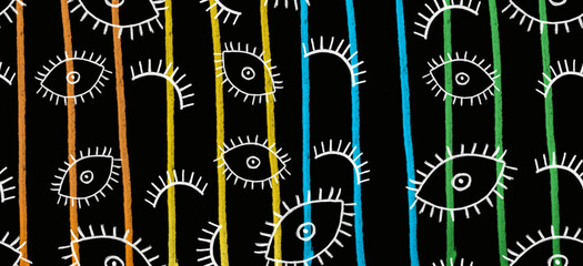 Sfondo nero con righe e icone occhi