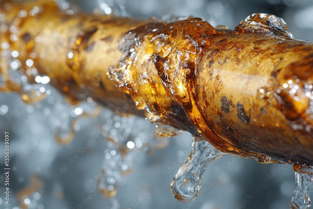 Poster captivating close up of a rusty metal pipe with dripping water creating a sense of industrial decay 