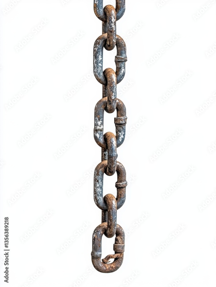 Poster close up of weathered rusty metal chain with strong links hanging vertically against white backgroun