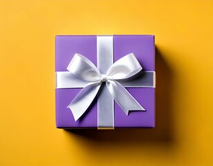 A vibrant purple gift box, adorned with a pristine white ribbon, rests on a sunny yellow b