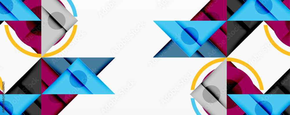 Poster Abstract geometric composition with intersecting triangles, circles, and gradients, creating a dynamic layered pattern with depth and contrast