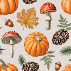 Cottagecore pattern design with illustrations of pumpkins fly agaric mushrooms. Perfect for home textile, wallpapers, fabrics, apparel, packaging design, stationery and other printed goods