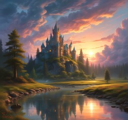 Fototapeta premium Illustration of fantasy forest with creek and tower castle.
