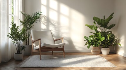 Minimalist Serenity: Wooden Chair with White Cushions and Potted Plants in a Bright, Cozy Room with Warm Sunlight Streaming Through the Window