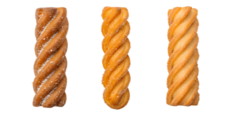 Crispy Churros Coated in Sugar in Three Styles on White - Delicious Dessert, Sweet Pastry, Fried Churros, Cut Out