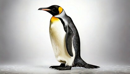 Fototapeta premium Majestic king penguin stands on icy terrain, against a vibrant blue backdrop.