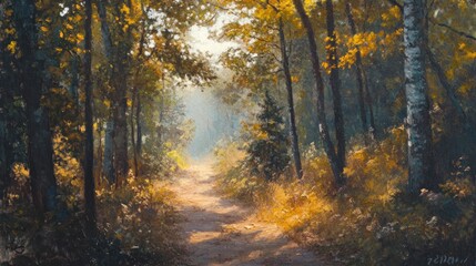 Obraz premium Sun-dappled trail weaving through a golden autumnal woodland scene