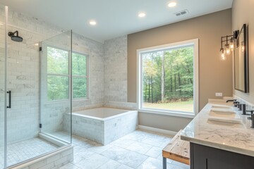 Shower Enclosure. Modern Luxury Bathroom Design with White Marble Tile, Glass Door, and Soaking Tub