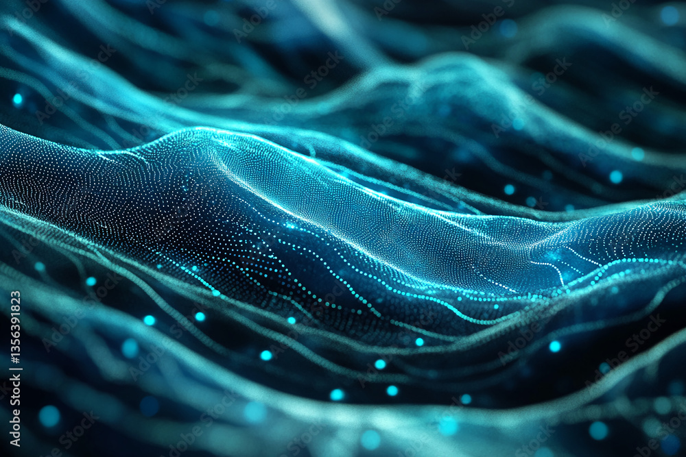 Poster abstract teal wave pattern with glowing particles, creating a dynamic and energetic visual. represen