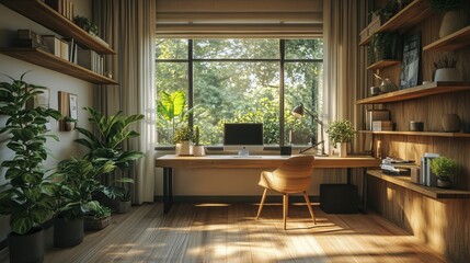 Modern Workspace Featuring Laptop and Green Plant in Minimalist Room with Natural Light and Calm Vibes