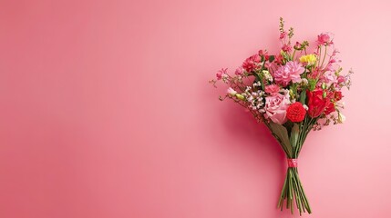 A female florist creates a bouquet, with space for a logo next to it 