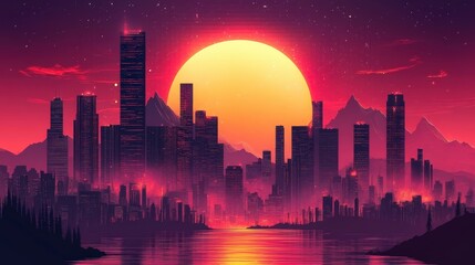 Fototapeta premium Vibrant Contemporary Minimalist Vector Art of City Skyline at Sunset