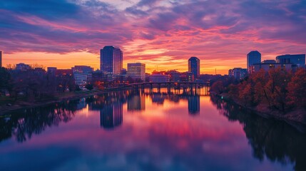 Vibrant sunset over city skyline reflecting in tranquil river