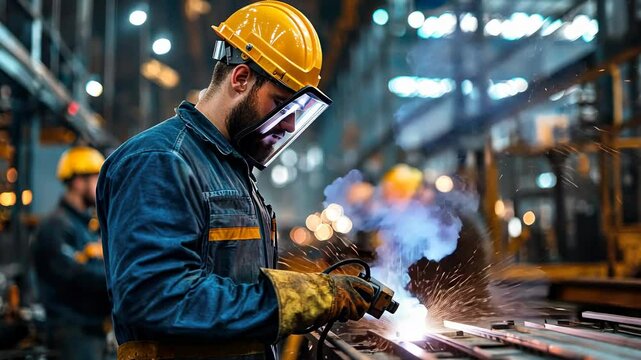 A welder in a workshop, using welding equipment, producing sparks and wearing protective gear.