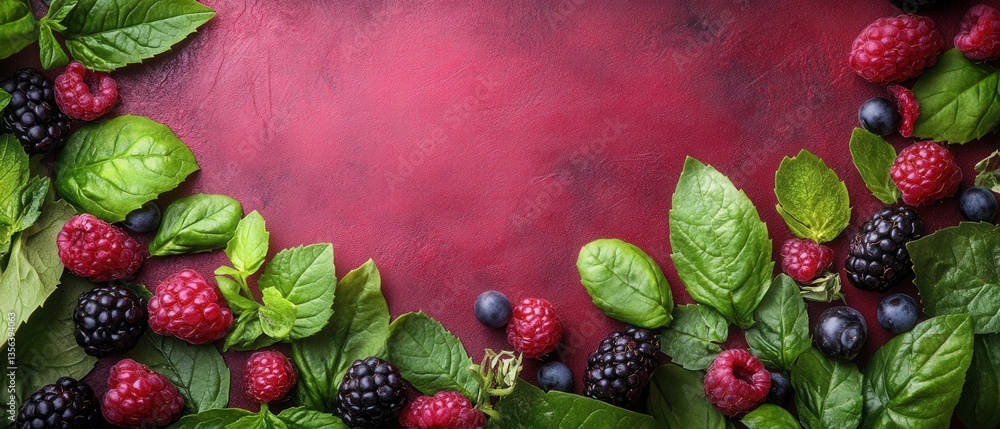 Poster vibrant assortment of fresh raspberries blackberries blueberries and basil leaves on a textured red 