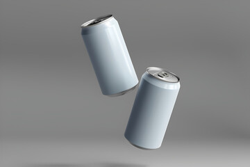 Drink Can Mockup, two blank drink cans floating in air isolated on grey background, 3d render
