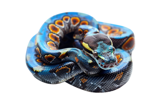 A beautifully patterned snake curled up in a defensive position with smooth shiny scales.
