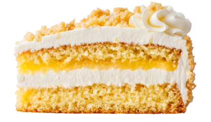 Delicious slice of layer cake with lemon filling and whipped cream frosting on transparent background