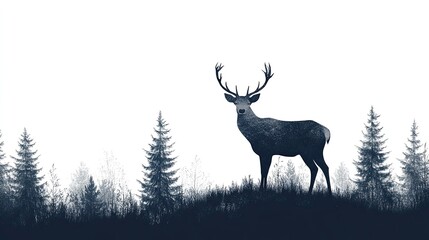 Obraz premium Silhouette of Deer in Forest on White Background, A Striking Wildlife Image in Minimalist Style 