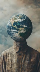 Human figure with head replaced by Earth floating in abstract clouds at surreal location