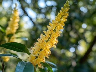 A close-up of the bright yellow flower blooming in the foreground, with blurred green leaves and trees in the background.