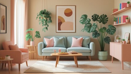 Fototapeta premium Minimalist Living Room with Monstera Plant and Soft Decor