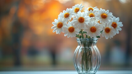 A close-up photograph of daisies in a glass vase, on a white background, with a blurred landscape in the background