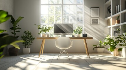 Cozy Workspace Featuring Modern Computer Surrounded by Lush Green Plants Creating a Tranquil Atmosphere