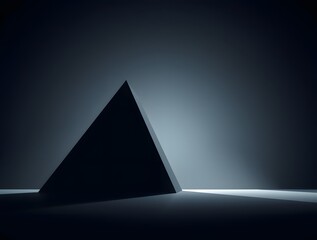 A minimalist black pyramid casting shadows in a dimly lit space, evoking mystery and intrigue
