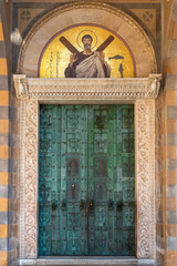 Bronze portal of the Cathedral of Amalfi. Cast in Constantinople before 1066, and signed by Simeon of Syria, the cathedral's bronze doors are the earliest in Italy of post-Roman manufacture