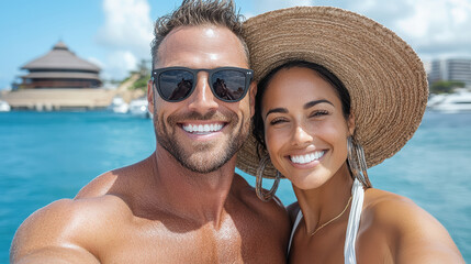 Fototapeta premium Sunny couple selfie by water, showcasing joy and love in beautiful setting