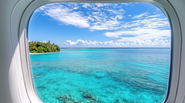 Fototapeta stunning view of turquoise ocean and lush greenery seen from airplane window, evoking sense of