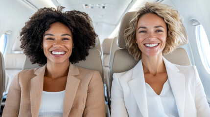 Smiling women sitting together on airplane, enjoying their flight experience