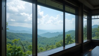 Expansive Panoramic Window Showcasing Breathtaking Green Hills and Dense Forest Beauty
