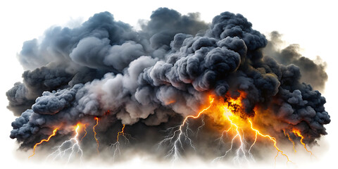 black smoke storm clouds with fire and lightnings isolated on white background PNG, AI GENERATED