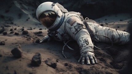 Fallen Astronaut on Alien Planet A Solitary Figure in Dusty Terrain