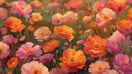 Fototapeta premium Bright, happy orange and pink blossoms reminiscent of a summer picnic in a meadow. -